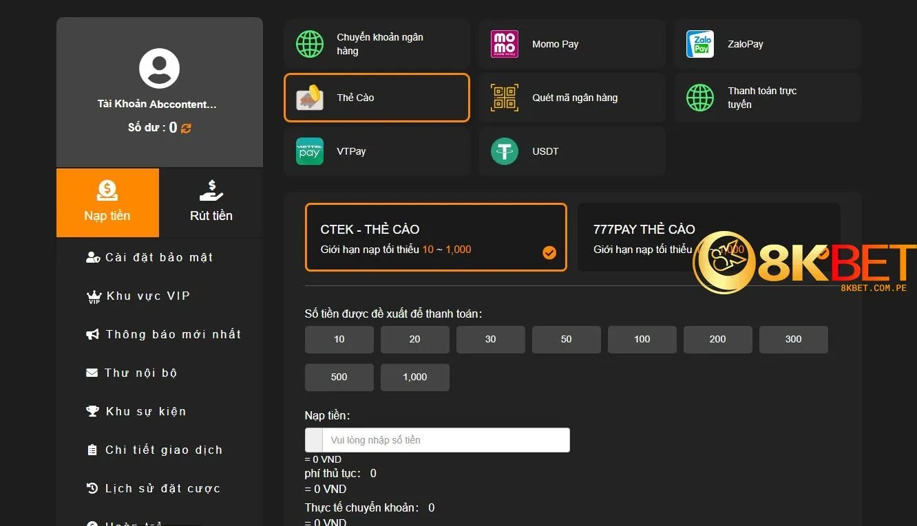 Nạp tiền qua Thẻ cào tại nhà cái 8kbet